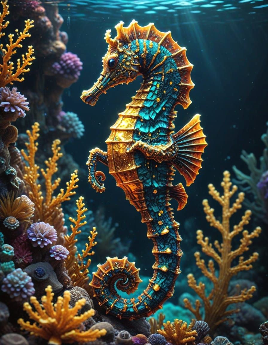 Pixelated Seahorse in Hydrothermal Vent Environment