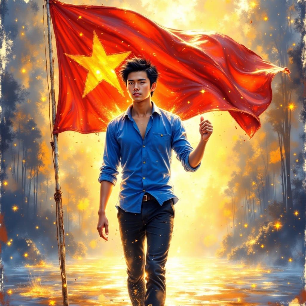 Anime Style Man Proudly Waves Vietnam Flag