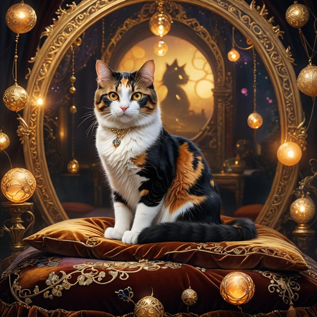 Whimsical Fantasy Cat Amidst Glowing Orbs and Velvet