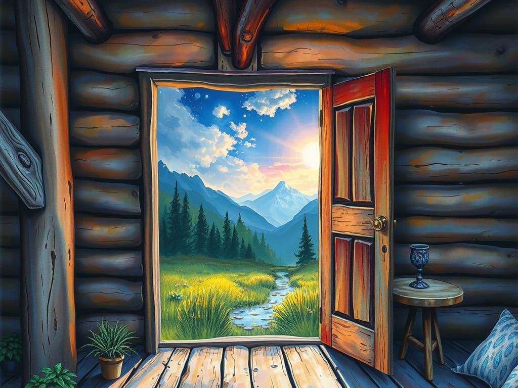 Rustic Cabin Door Opens to Fairy Landscape in Watercolor
