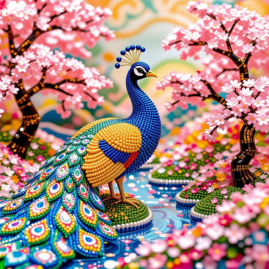 Golden Beaded Peacock with Cherry Blossoms