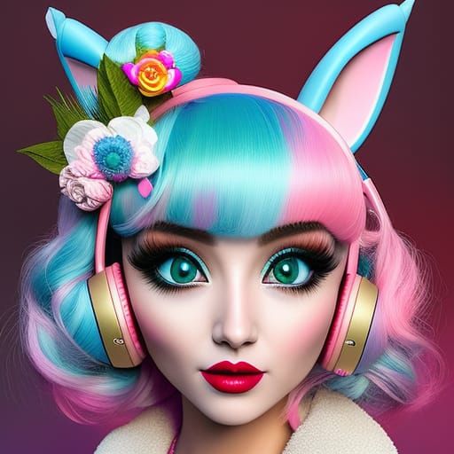 Hyperrealistic Rainbow Rabbit Girl in Surrealist Style
