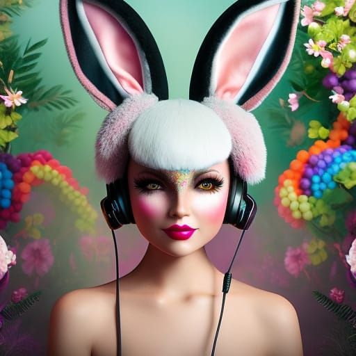Anthropomorphic Rabbit Girl with Headphones in Metaverse Sty...