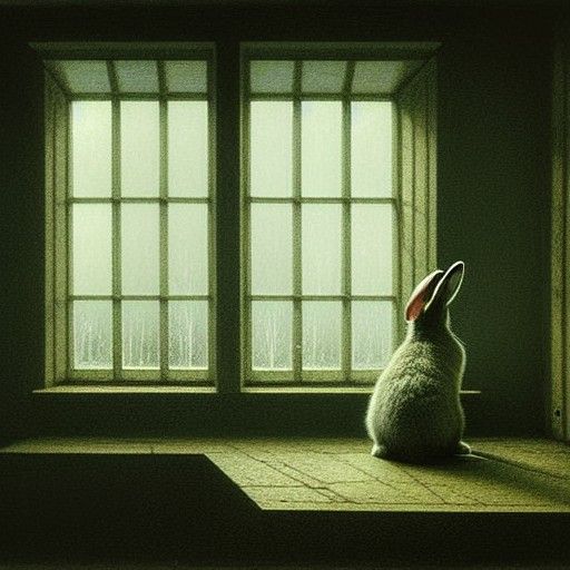 Lonely Rabbit Looks Out Window in Gloaming Light