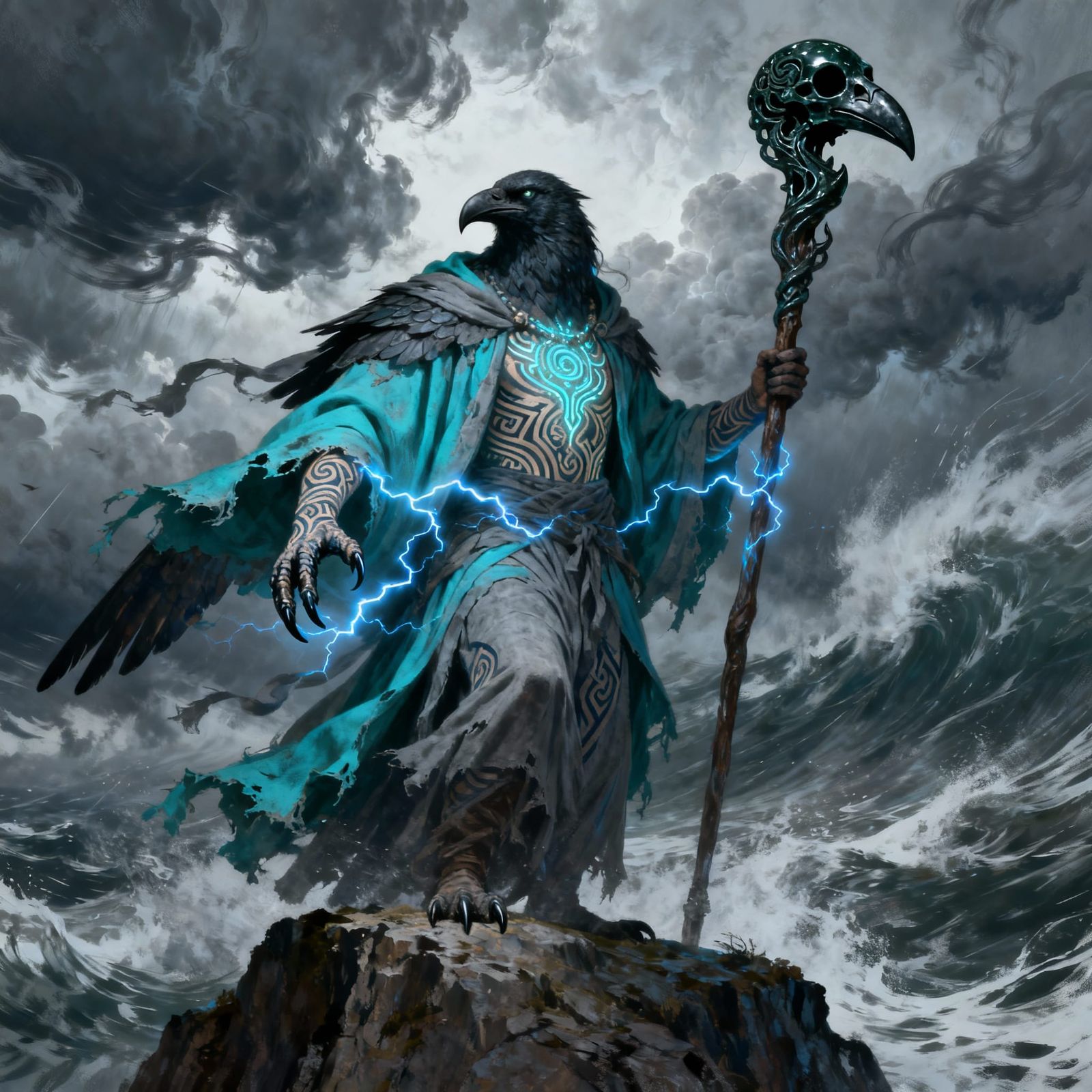 Kenku Shaman Channels Storm Power on Windswept Cliff