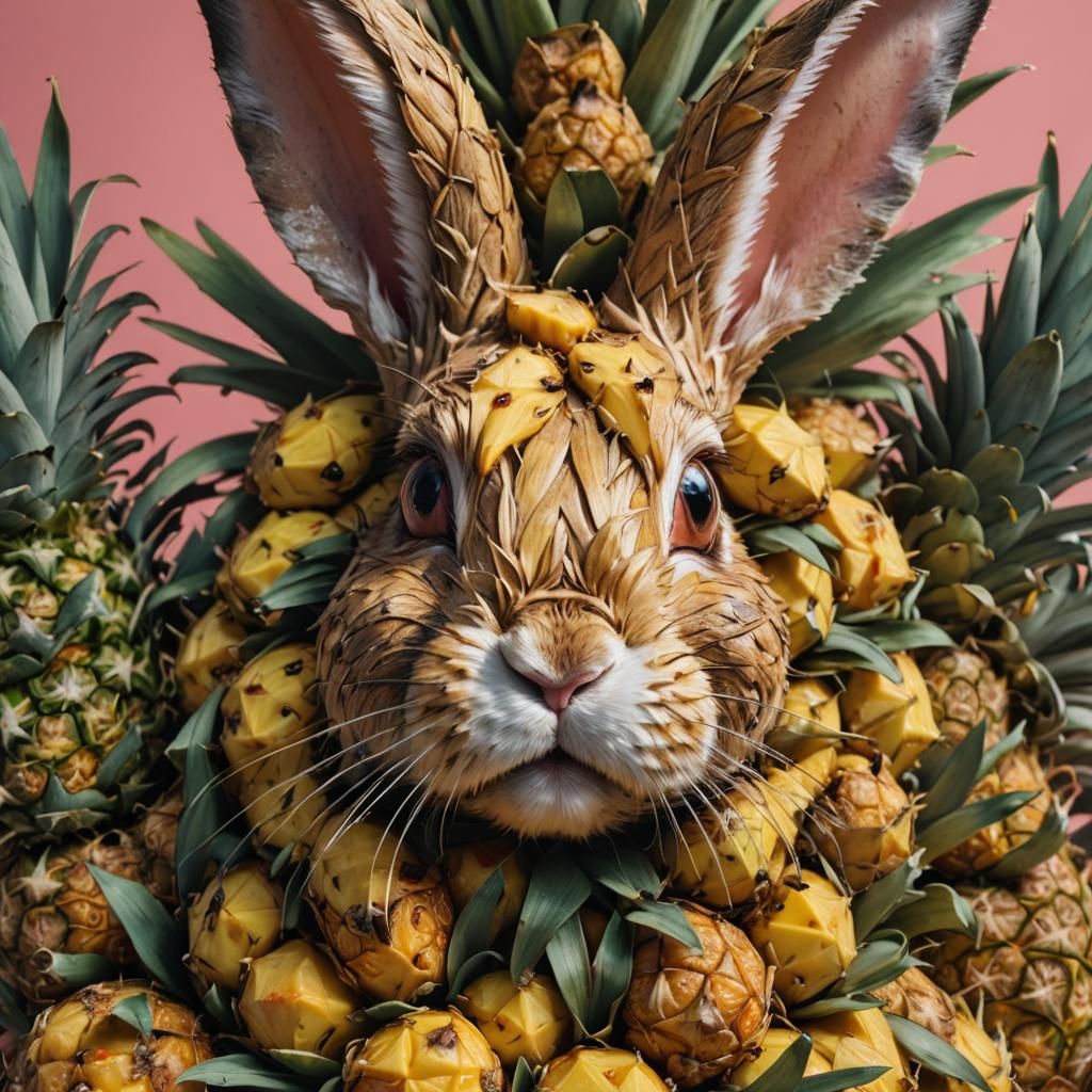 An Anamorphic closeup of a female bunny made of pineapples.