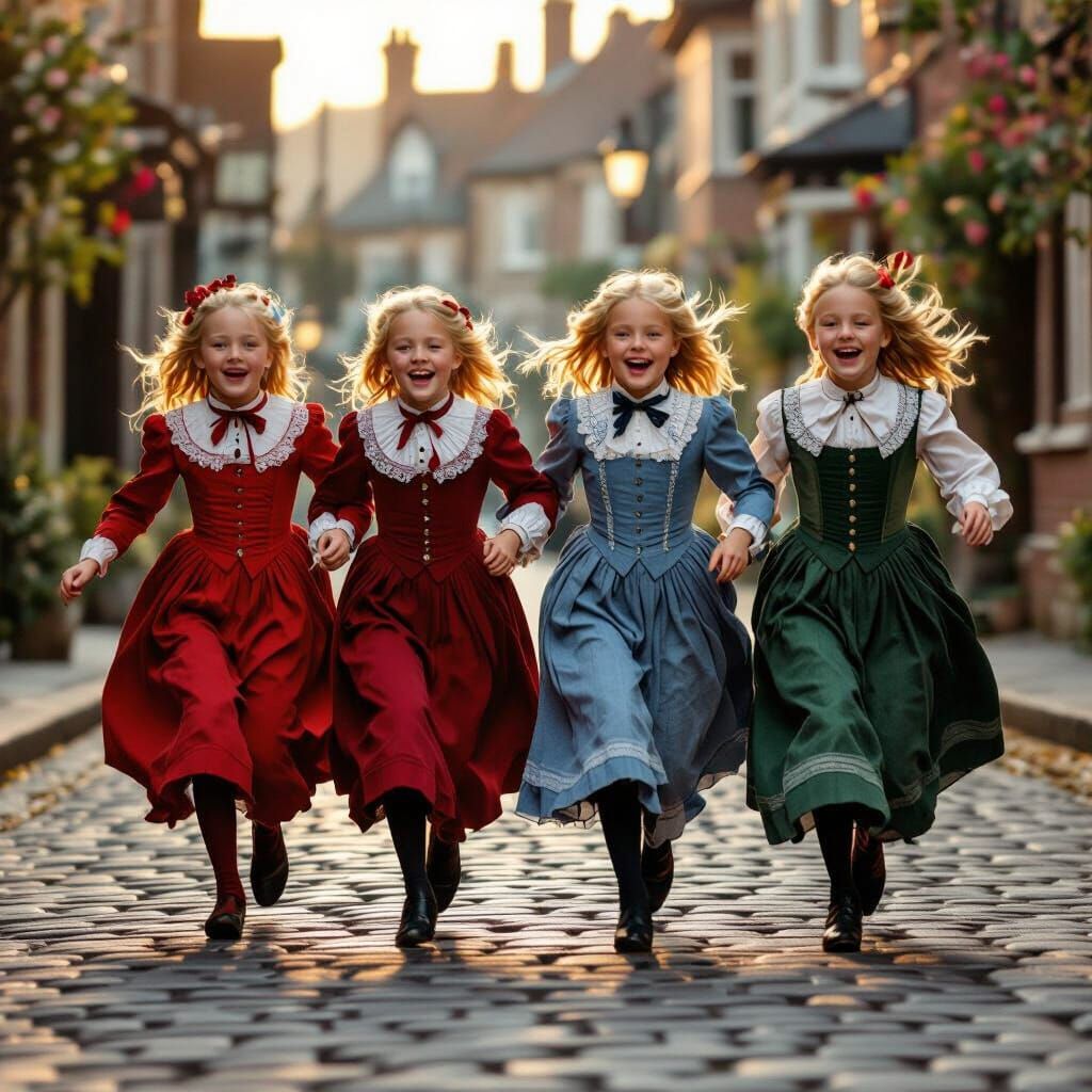 Victorian Girls in Colorful Dresses Run Joyfully