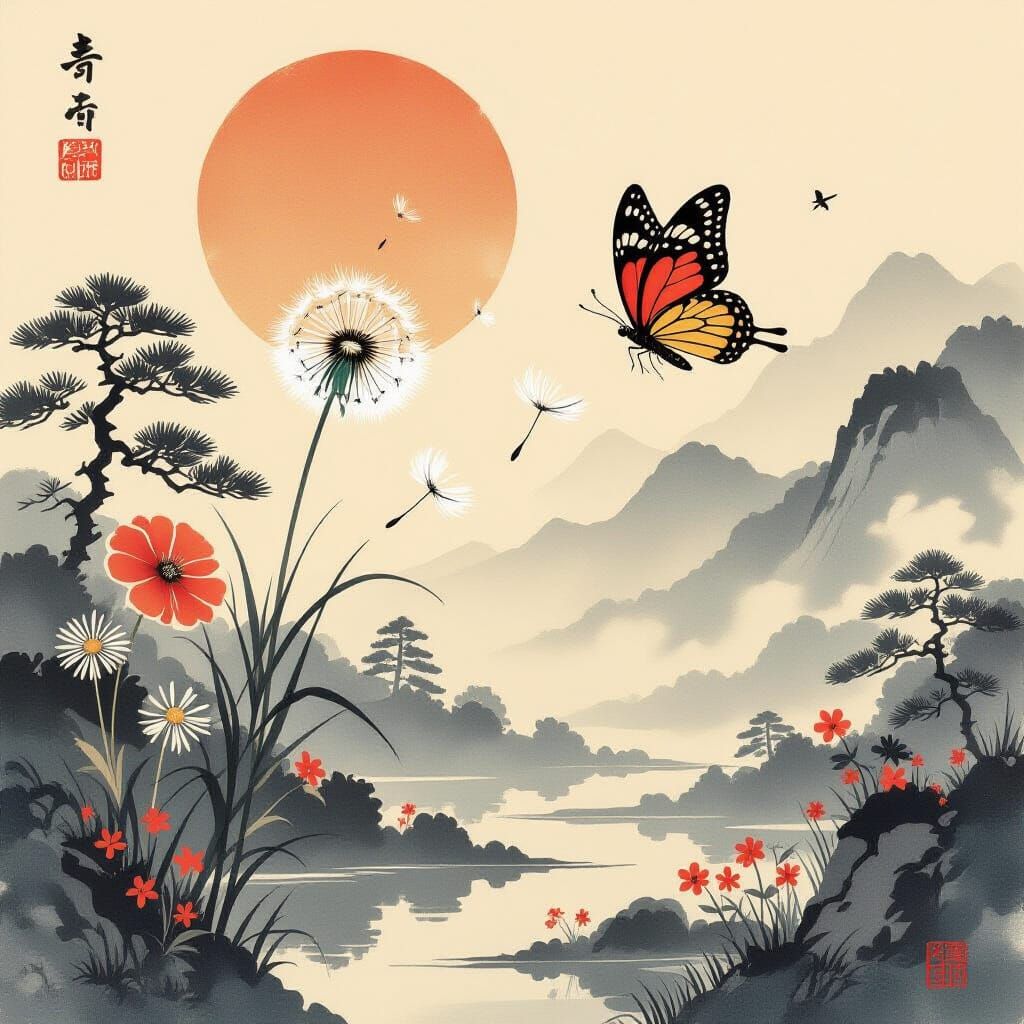 Butterfly and Dandelion in Japanese Ukiyo-e Style