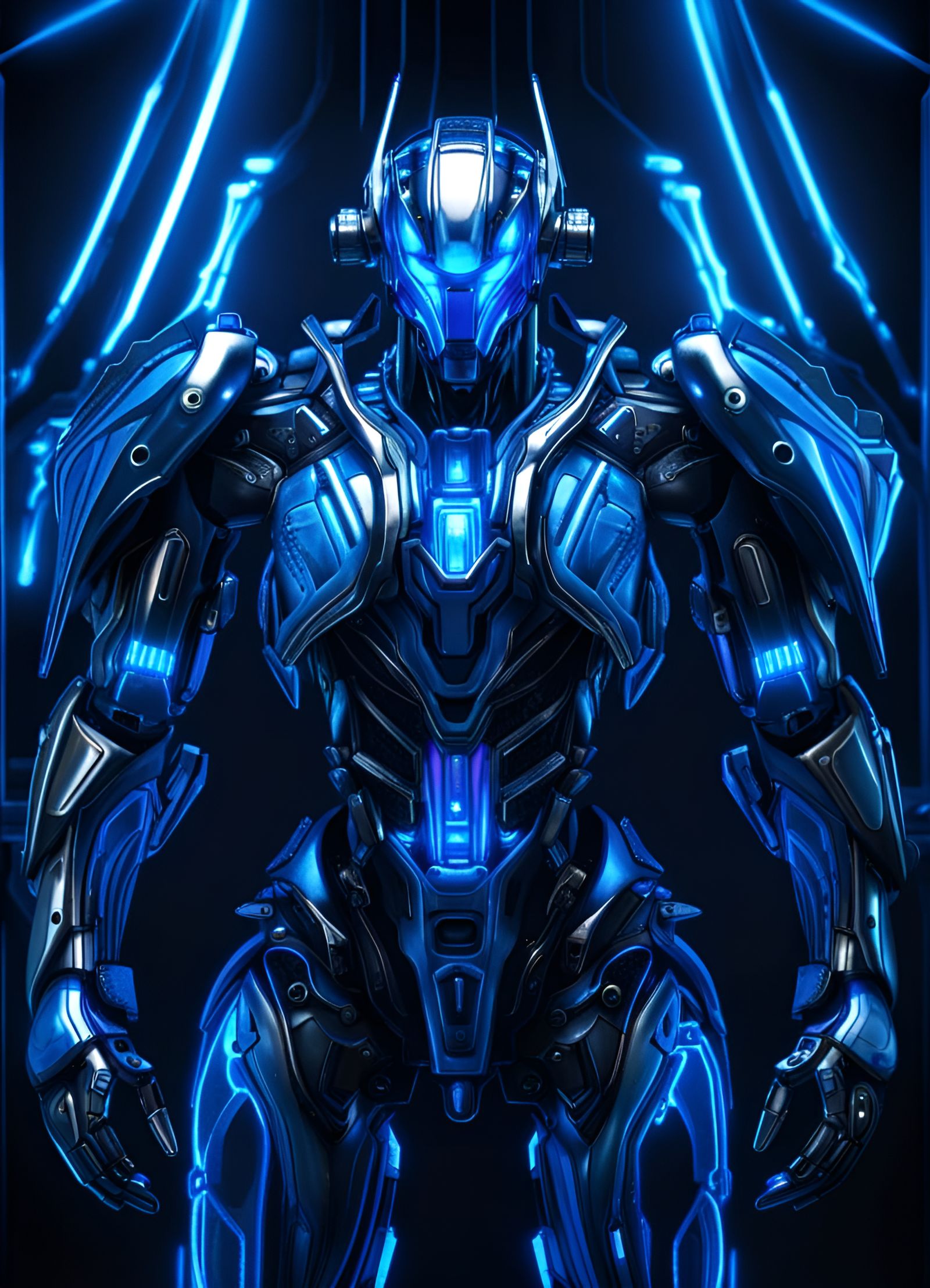 Blue Chrome Mecha in Bioluminescent Sci-Fi