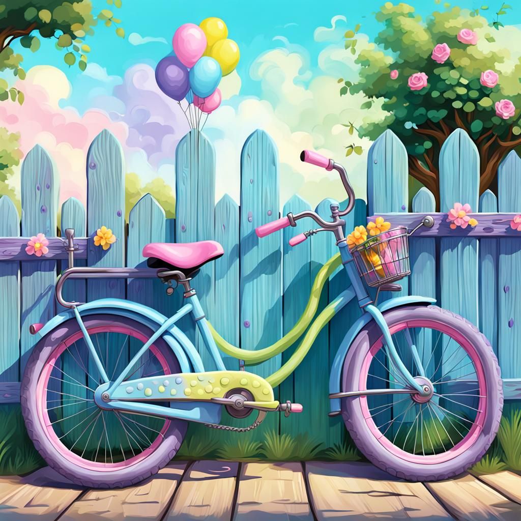Fantasy Bicycle Against Fence in Pixar Style