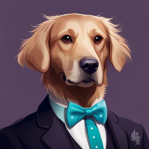 Golden Retriever Portrait in Suit, Detailed Digital Art