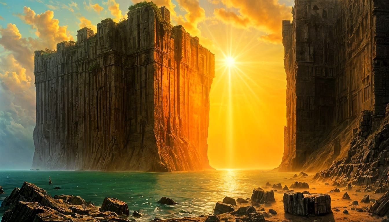 Cliffside Ruins with Crepuscular Rays, Beksiński Style