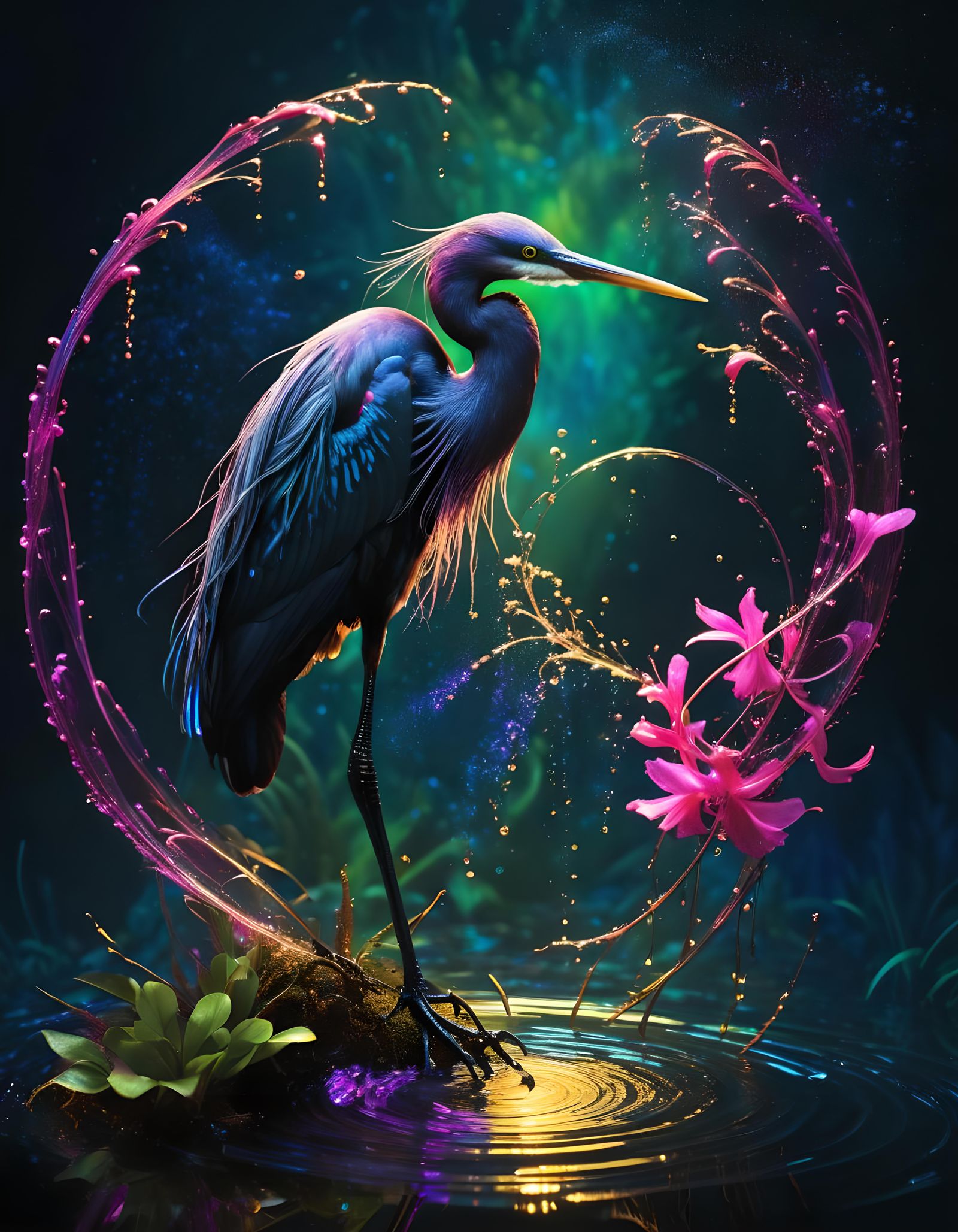 Oneiric Black Egret in Ethereal Dreamscape