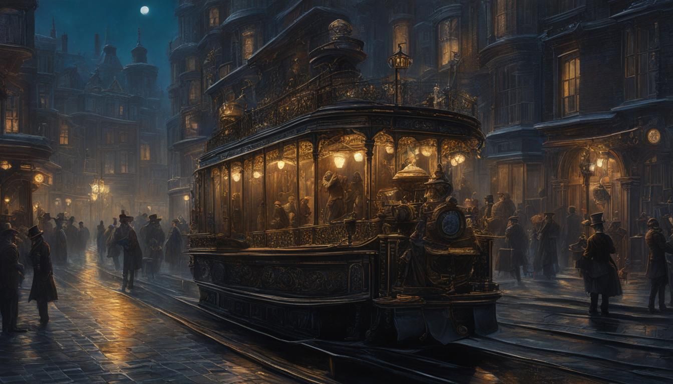 Steampunk Victorian Cityscape at Night in Dark Fantasy Style
