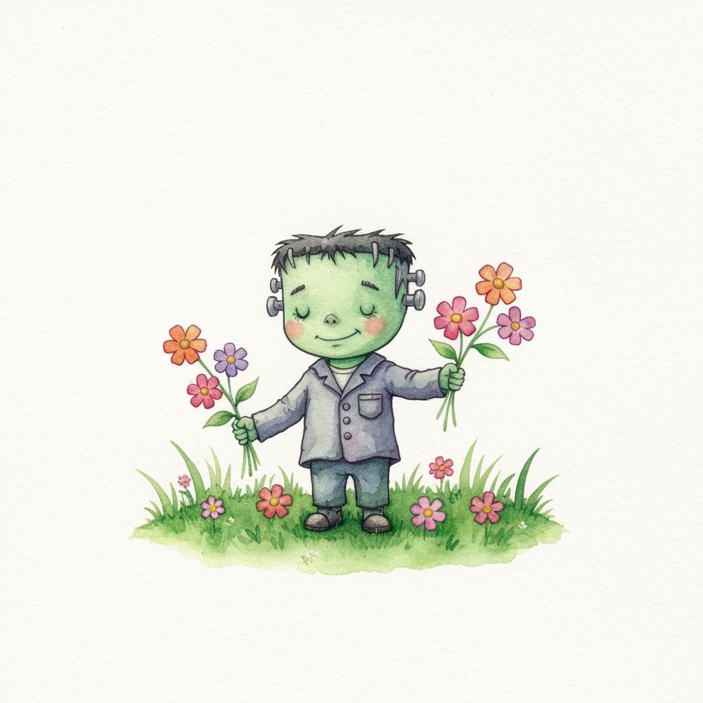 Whimsical Frankenstein Child Playing with Flowers