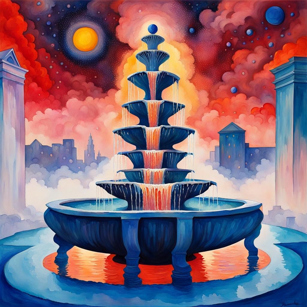 Cosmic Fountain in Expressionist Gouache Style