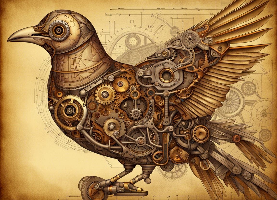 Intricate Steampunk Bird Internal Mechanics Drawing