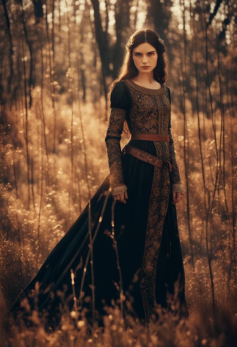 Medieval Lady in Black Dress: Cinematic Film Still