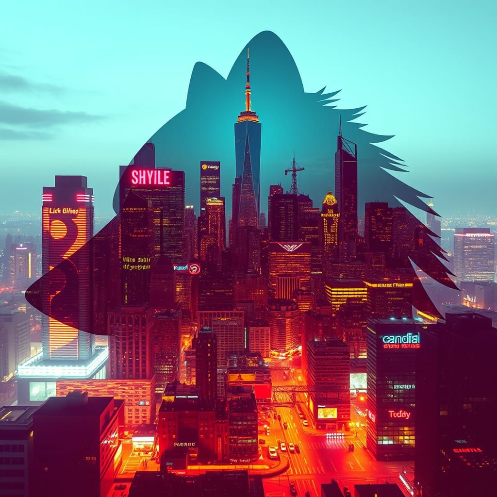 Cyberpunk Cityscape in the Shadow of a Wolf's Head