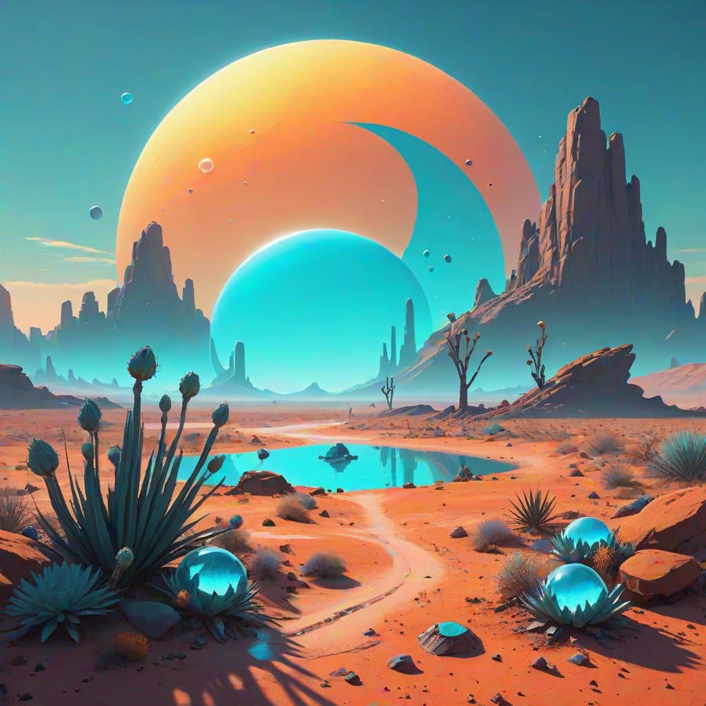 Alien Desert Oasis with Crystal Plants