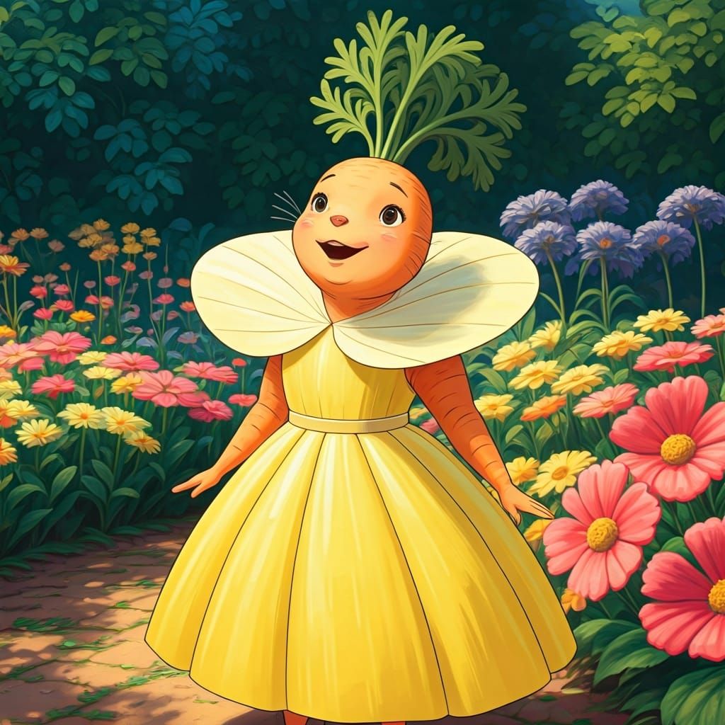 Singing Carrot in Flower Garden, Whimsical Illustration