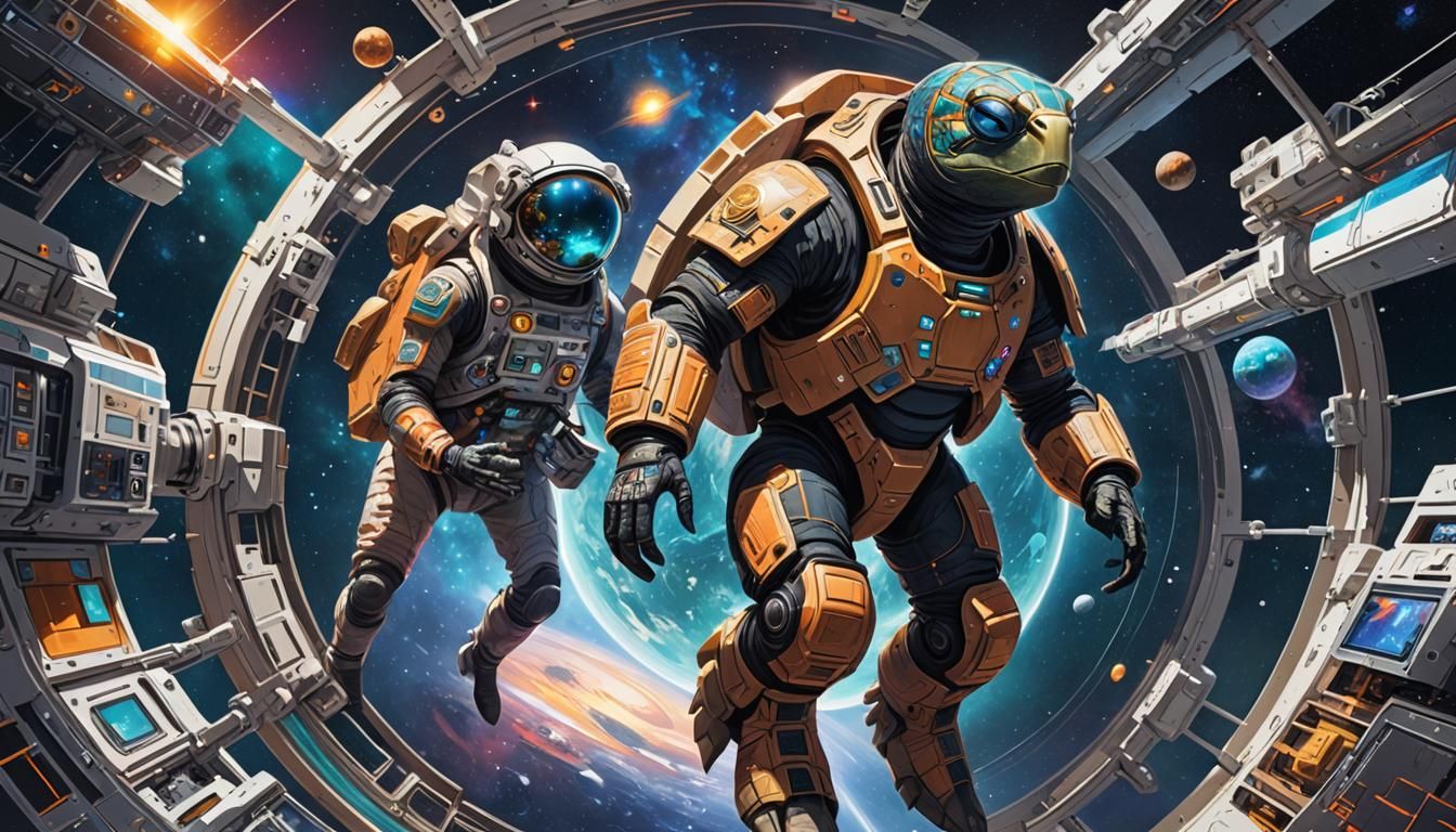 Futuristic Space Turtle Working on Space Station
