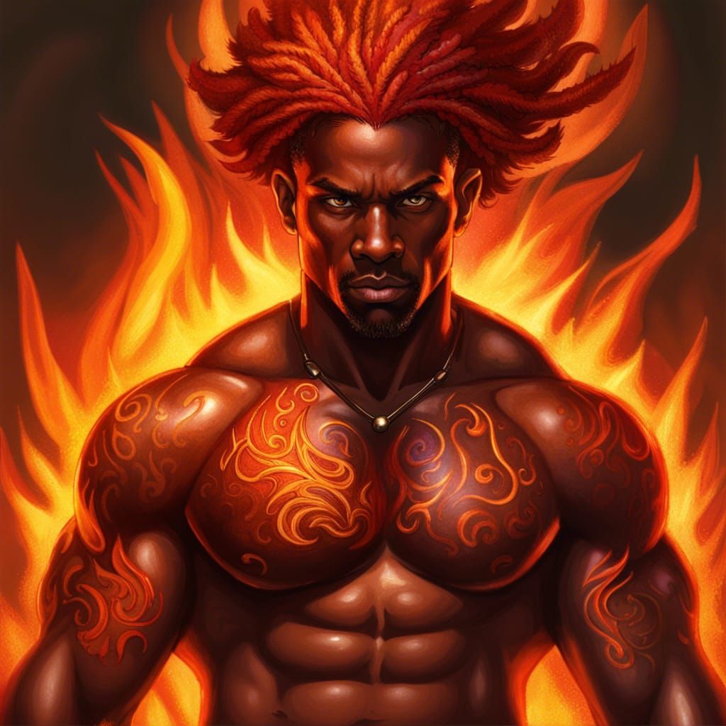Hyperrealistic Fire God with Flaming Hair