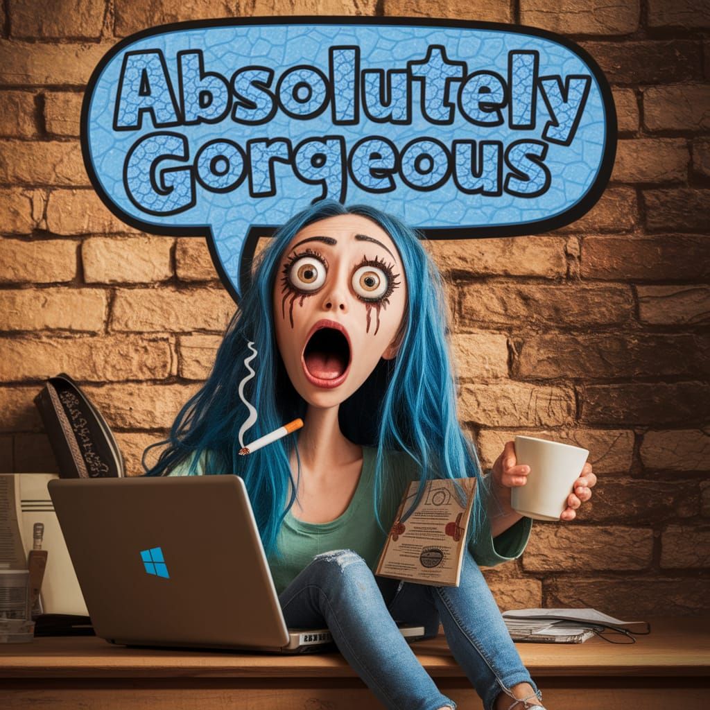 At the top of the canvas, a massive, cartoon talk bubble with text inside that says "Absolutely Gorgeous" in a playful, ...