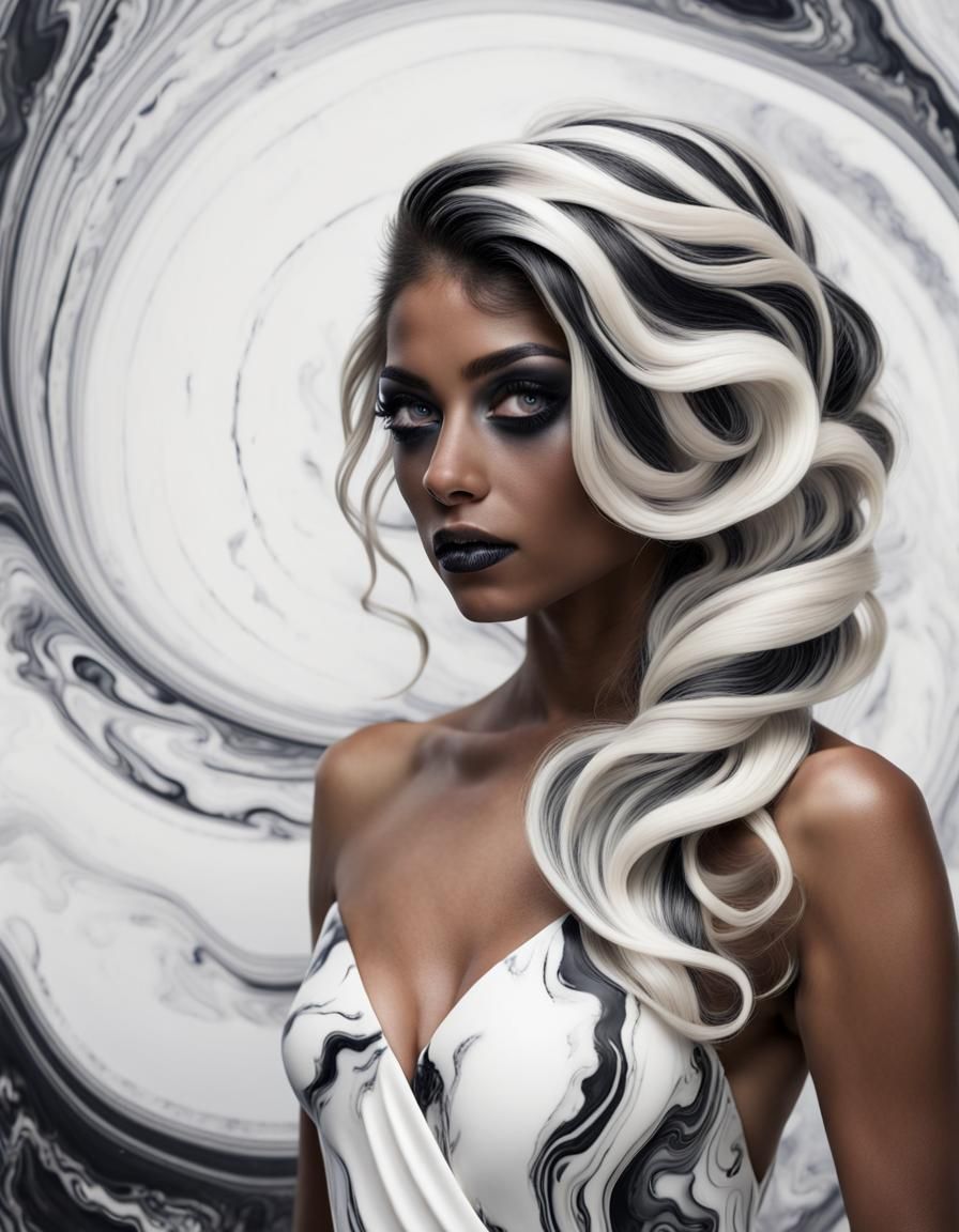 Woman with Marble Swirl Hair and Black Eyes