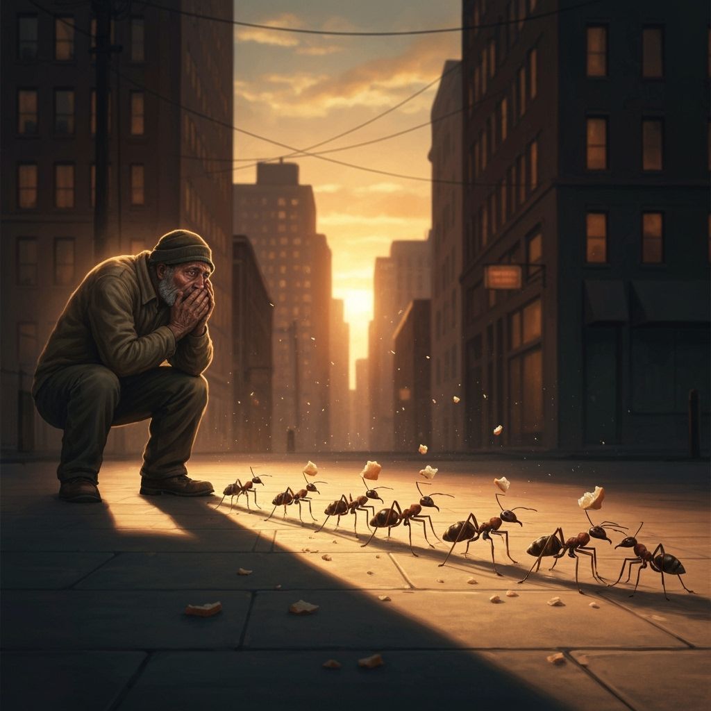 Kind Ants Carry Bread Watched by Touched Homeless Man