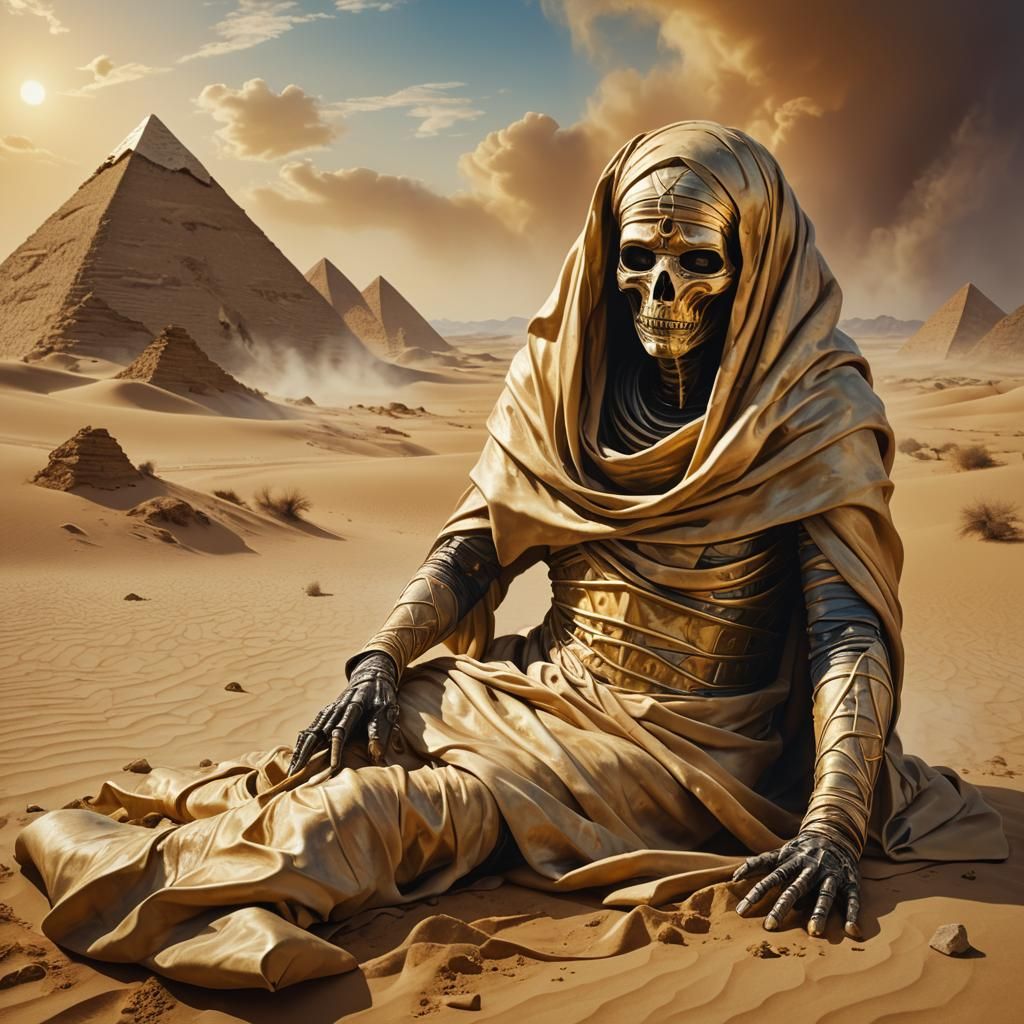 Surreal Mummy Unwrapping in Desert Landscape