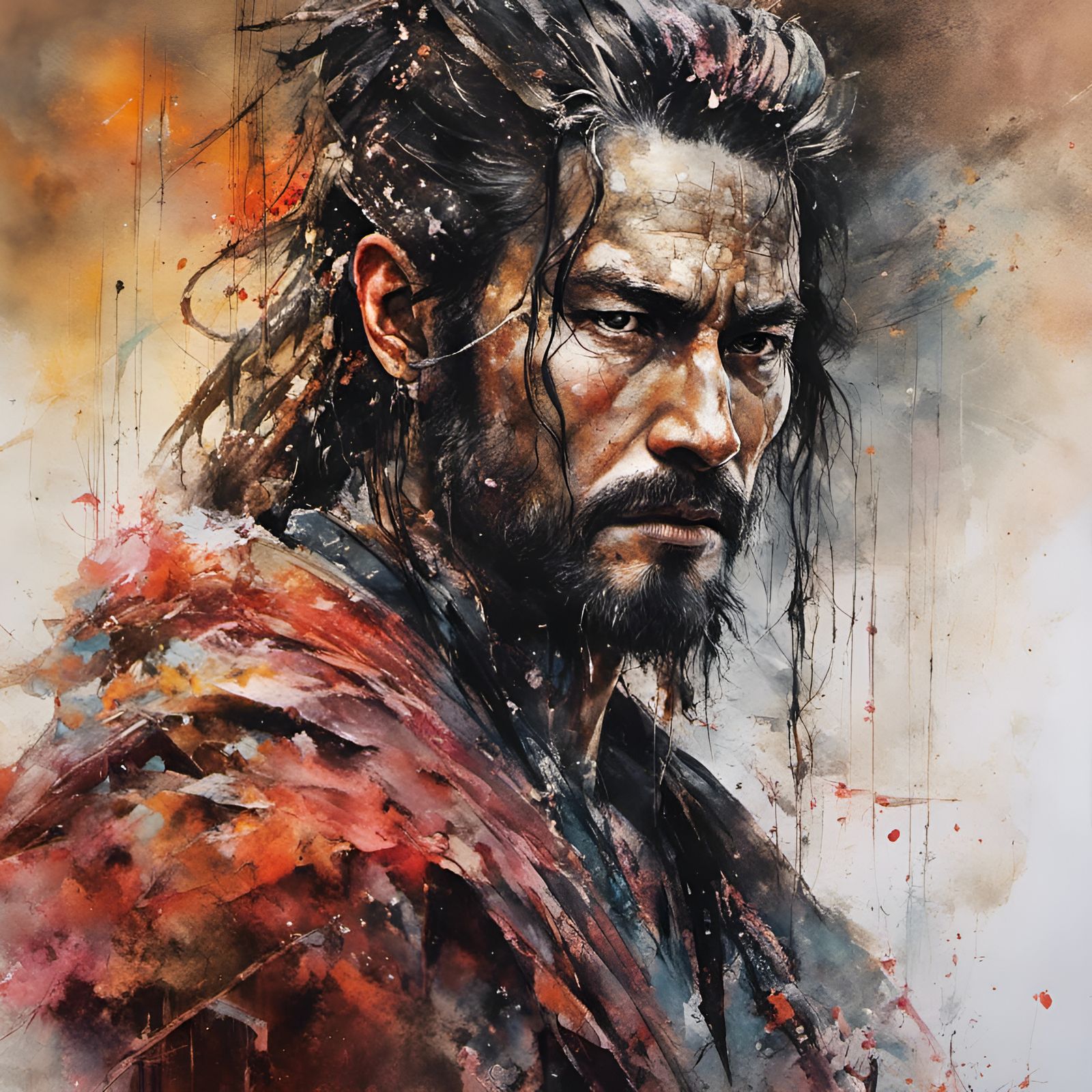 Rōnin Samurai with Pagoda in Ink Drawing Style