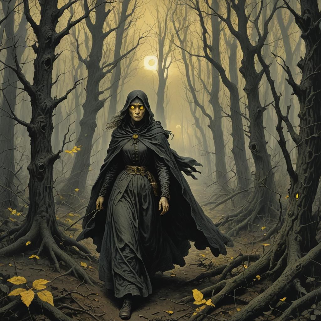 Terrified Woman in Forest Watched by Yellow Eyes