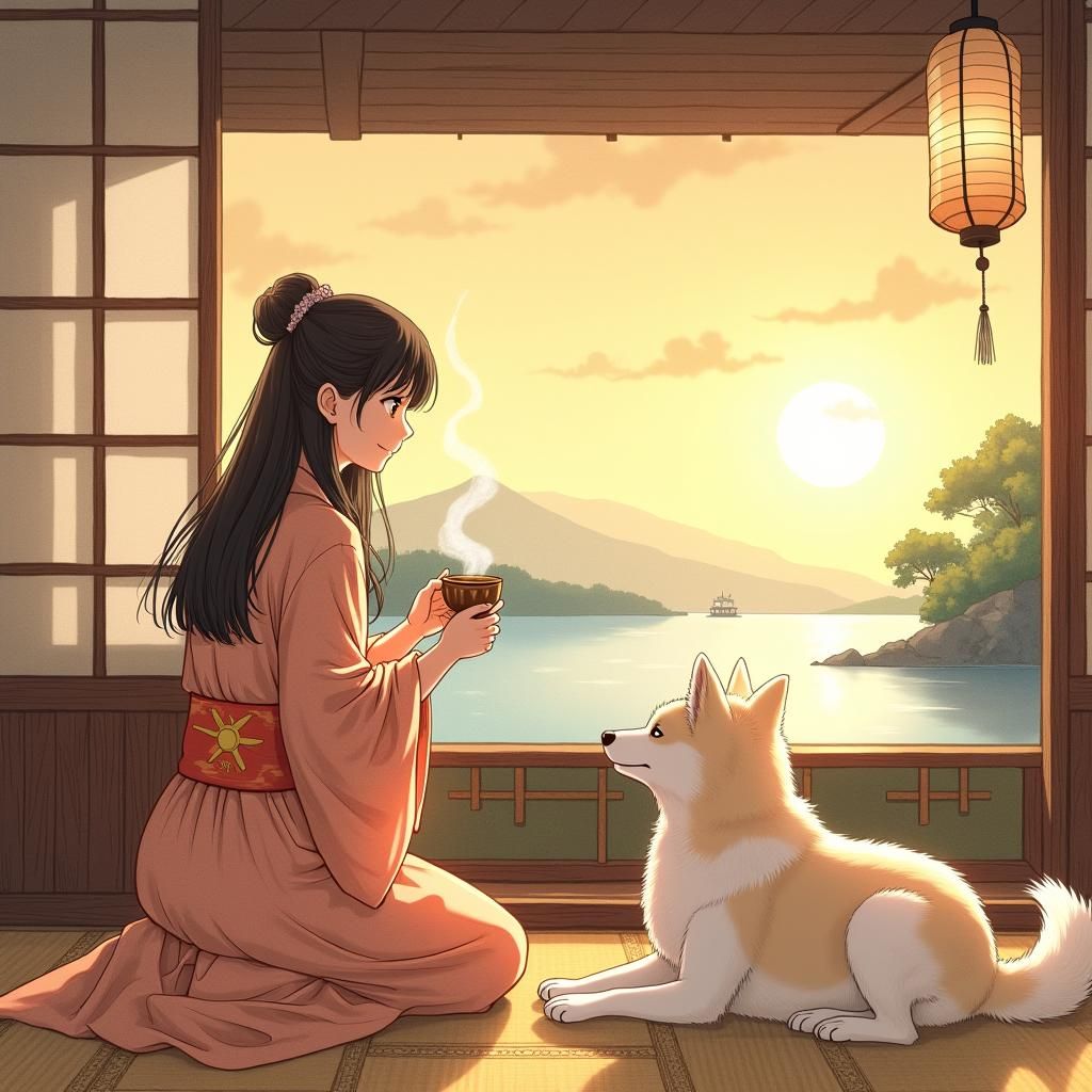 Girl and Akita at Waterfront Cafe in Manga Style