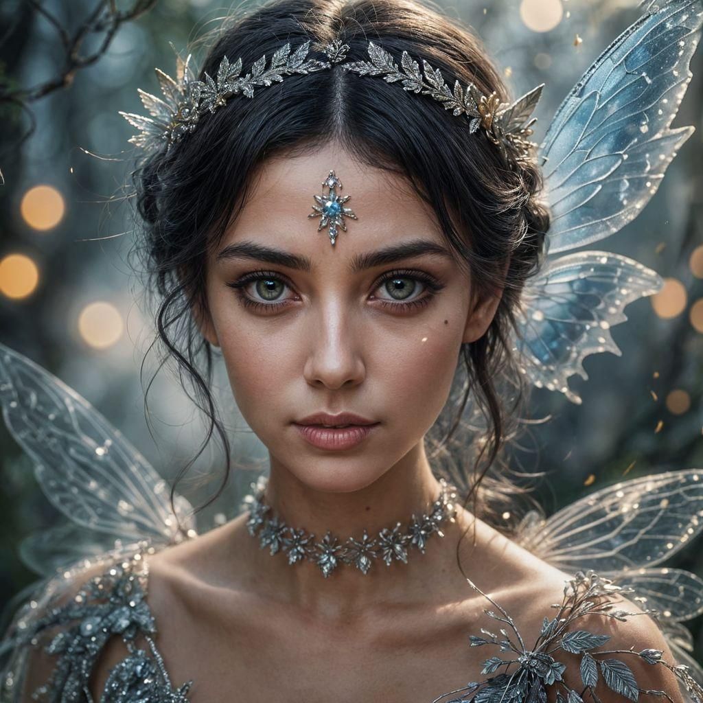 Hyperrealistic Close-Up of a Dark-Eyed Fairy Woman