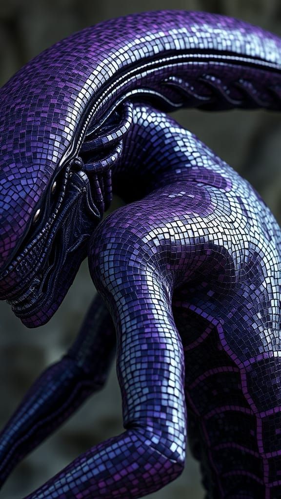 Ethereal Xenomorph in Dark Purple Mosaic Artwork