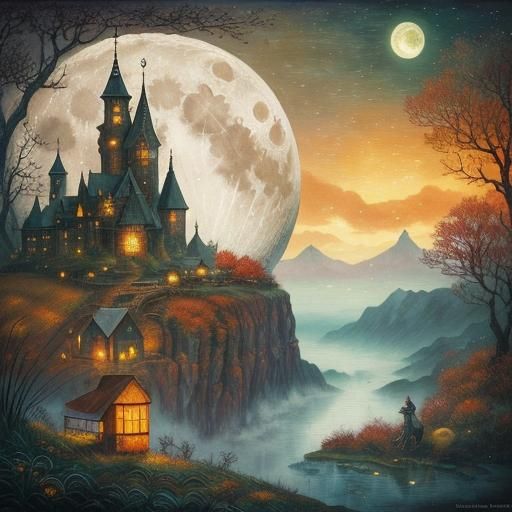 Mythological Moonlit Scene with Vibrant Colors