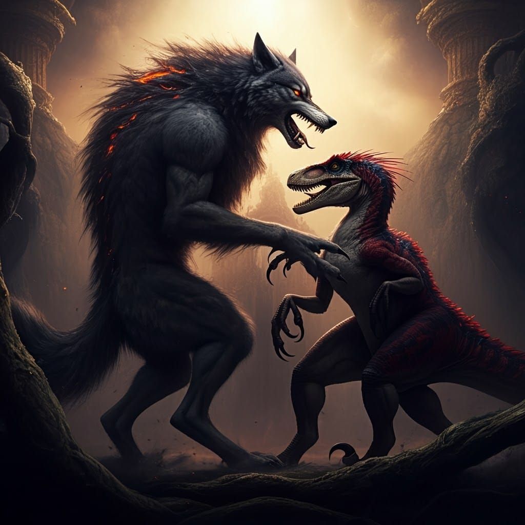 Velociraptor vs Werewolf in Epic Battle Scene
