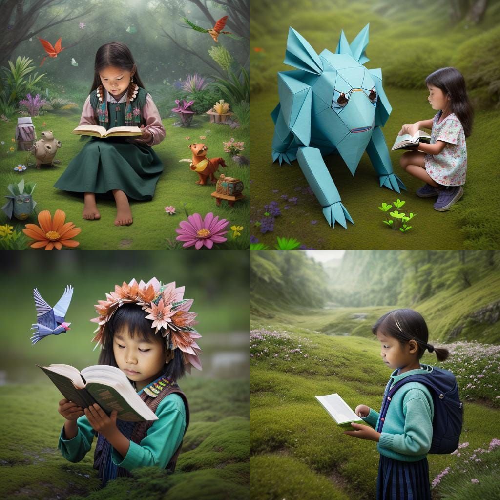 Indigenous Girl Studies Forest in Origami Papercraft Style