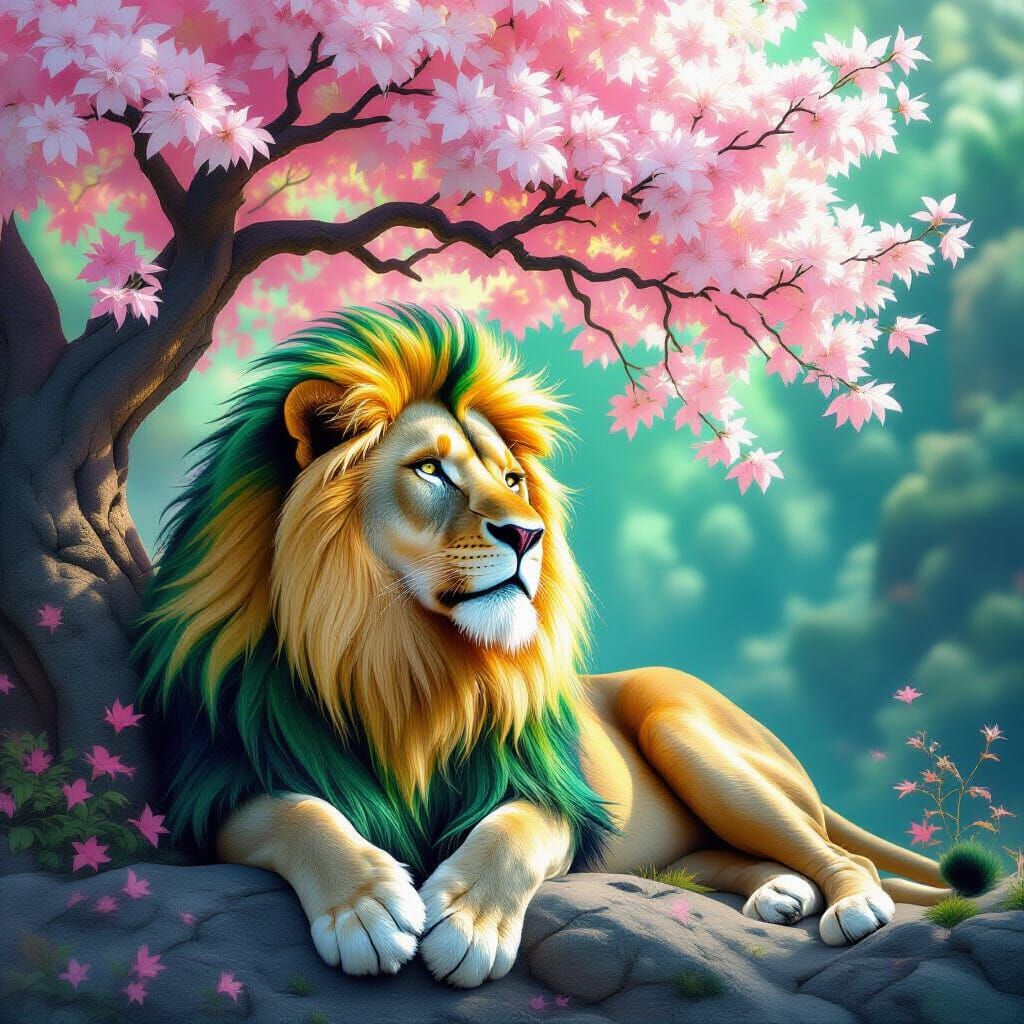 Green Lion Beside Glowing Fantasy Tree