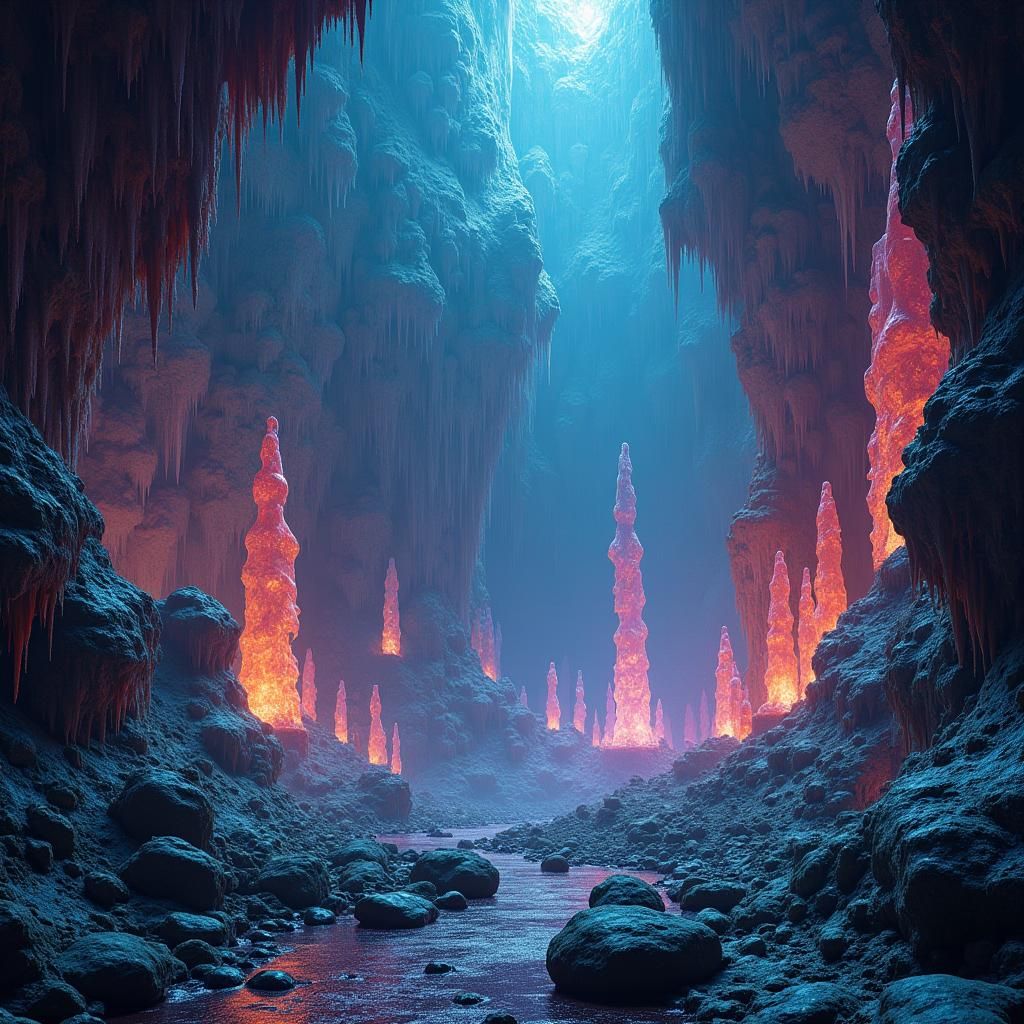 Dazzling Crystal Caves with Glowing Lichen