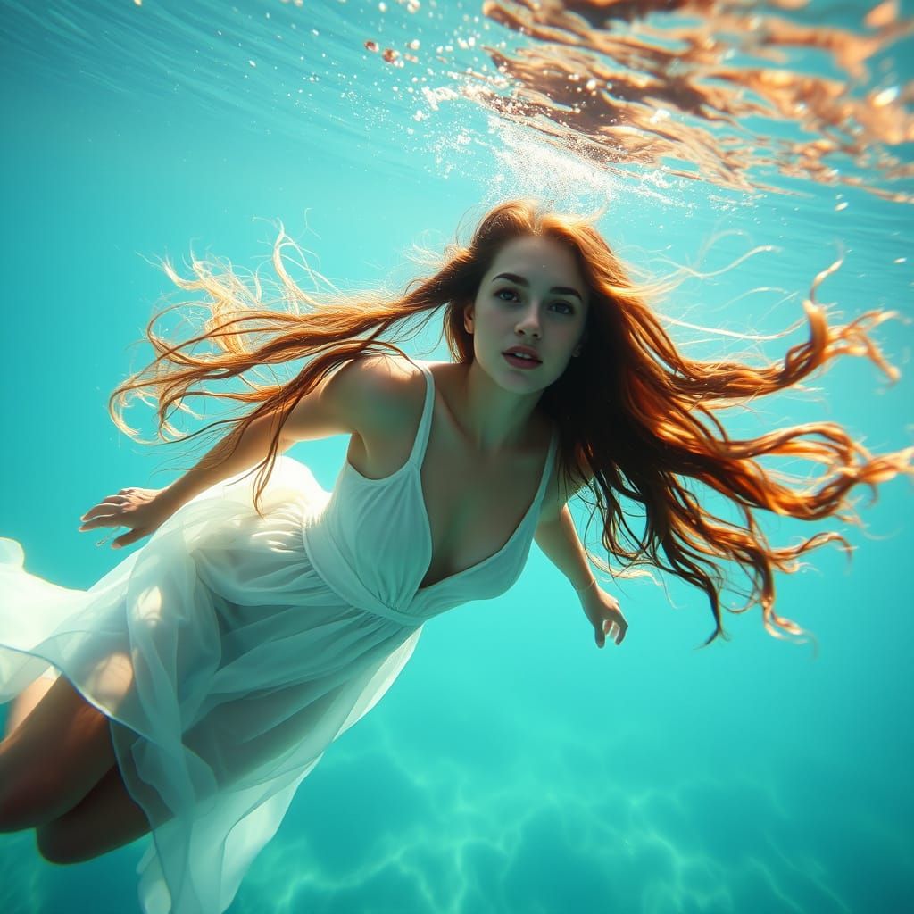 Ethereal Underwater Scene of Woman in White Dress