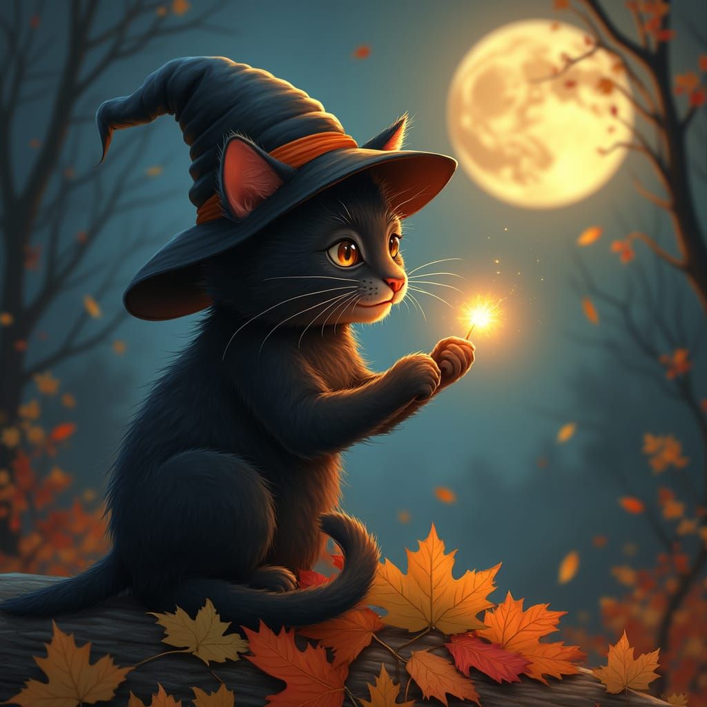 Cartoon Cat Wizard Hat Batting Firefly on Autumn Leaves