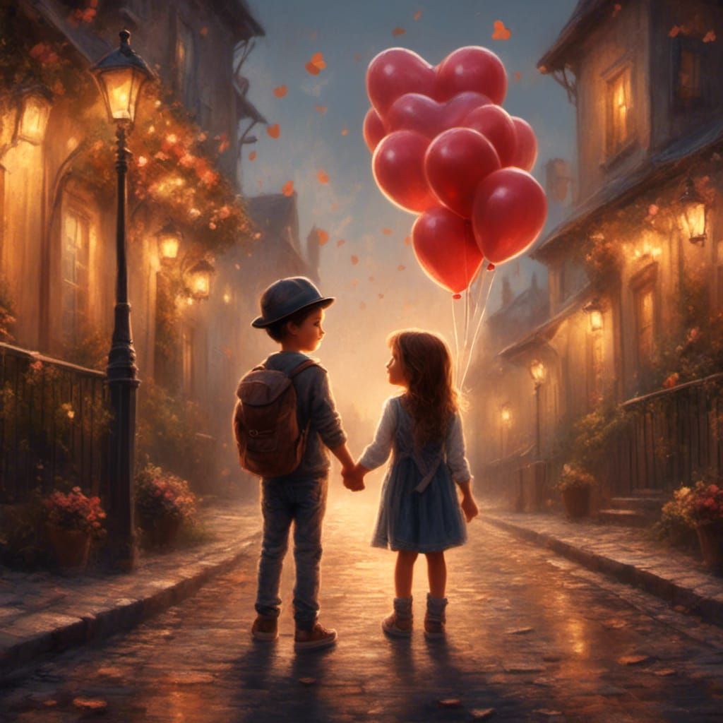 Whimsical Digital Painting: Boy and Girl Holding Hands