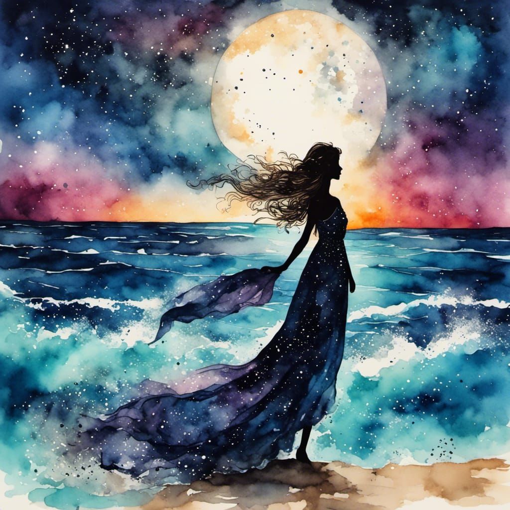 silhouette of a young lady on a beach at night wearing a lon...