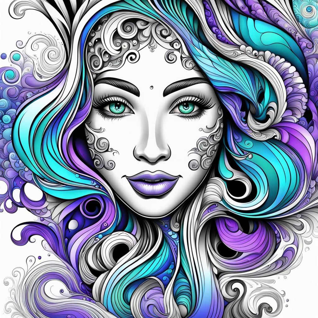 Mermaid in Swirling Psychedelic Coloring Book Art