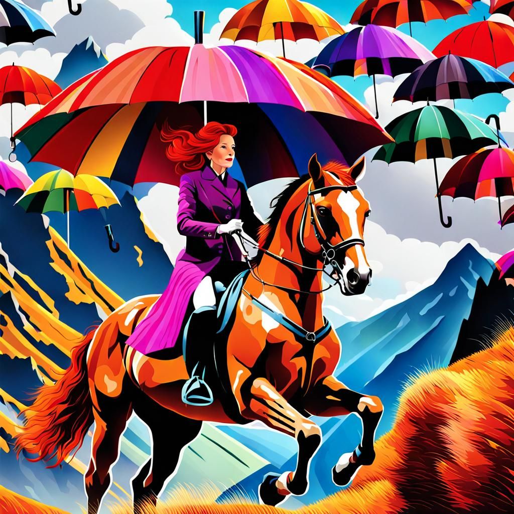 Mature Redhead Lady Rides Horse Amidst Whimsical Umbrella Pa...