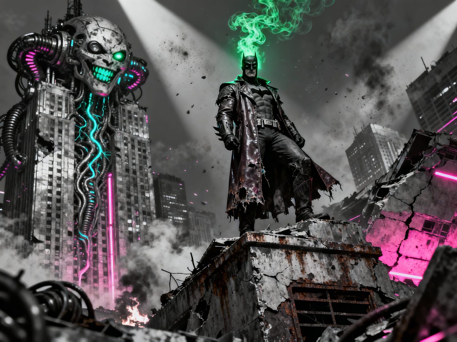 Dystopian Cyberpunk Neon Cityscape in Dark Knight Style