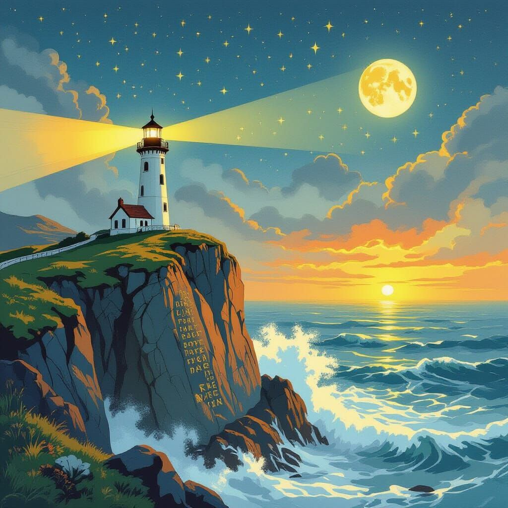 Lighthouse Illuminates Rune-Carved Cliffs in Storybook Style
