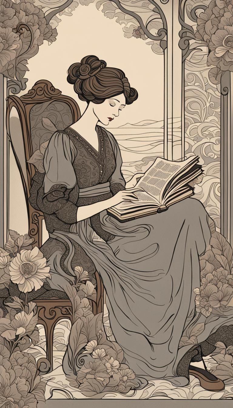 Elegant Art Nouveau Woman Reading, Ink Illustration